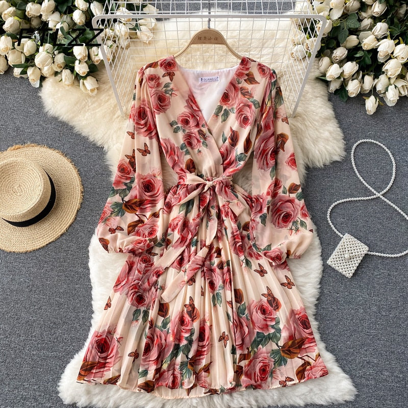 French Floral Dress Women Spring Autum Sexy V-neck Tie Ruffle Chiffon Boho Dress Woman Sweet Pleated Bandage Dress Long Robe