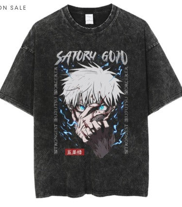 Anime cartoon wash and distressed men's short sleeved short T