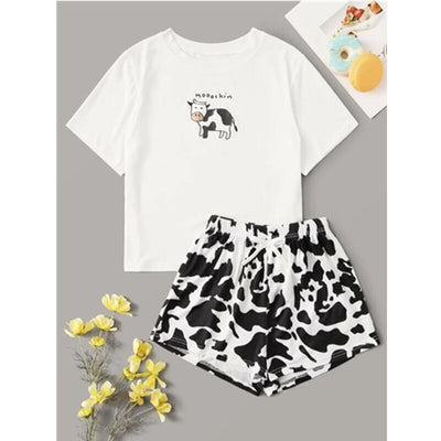 Cute Cartoon Pajamas Set for Woman Femme Sleepwear Summer O-neck Avocado Homewear Short Sleeve Two-Piece Lounge Pajama Sets