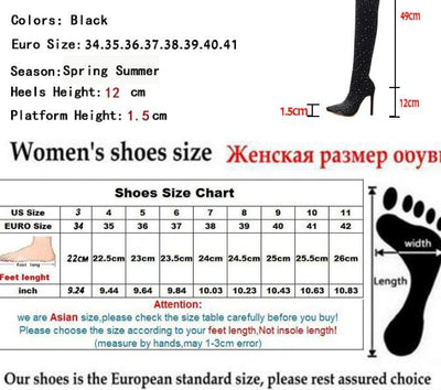 Runway Crystal Stretch Fabric Sock Boots Pointy Toe Over-the-Knee Heel Thigh High Pointed Toe Woman Boot