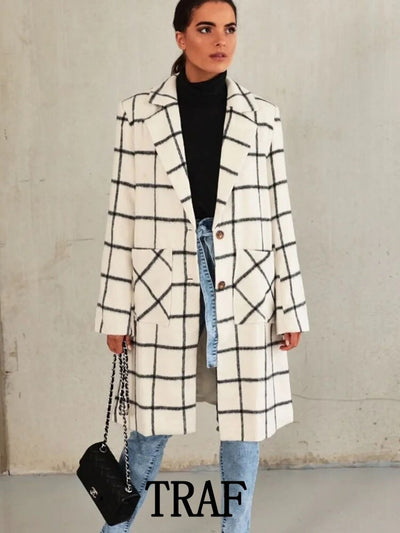 Woman Woolen Lattice Long Coat Fashion Single Breasted Turn Down Collar Coat Causal Long Sleeve Female Overcoat
