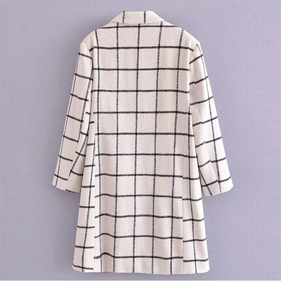 Woman Woolen Lattice Long Coat Fashion Single Breasted Turn Down Collar Coat Causal Long Sleeve Female Overcoat
