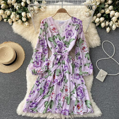 French Floral Dress Women Spring Autum Sexy V-neck Tie Ruffle Chiffon Boho Dress Woman Sweet Pleated Bandage Dress Long Robe
