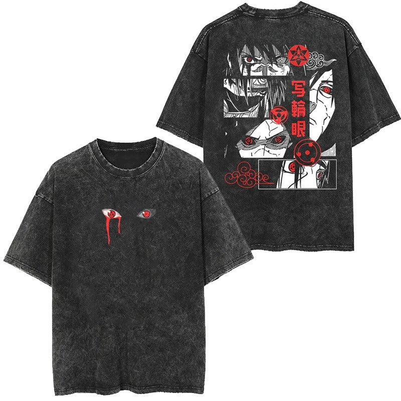 Anime cartoon wash and distressed men's short sleeved short T
