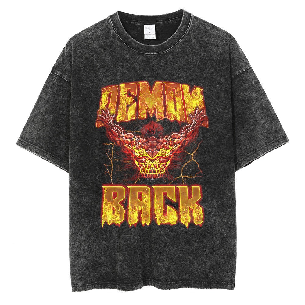 Anime cartoon wash and distressed men's short sleeved short T