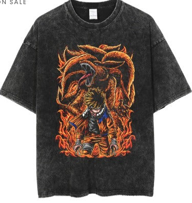 Anime cartoon wash and distressed men's short sleeved short T