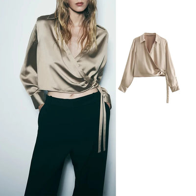 New Satin Cropped Blouses Women Top 2023 Fashion  Long Sleeve Shirt Woman Elegant Short Shirts Chic Tops