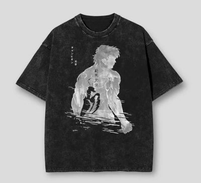 Anime cartoon wash and distressed men's short sleeved short T