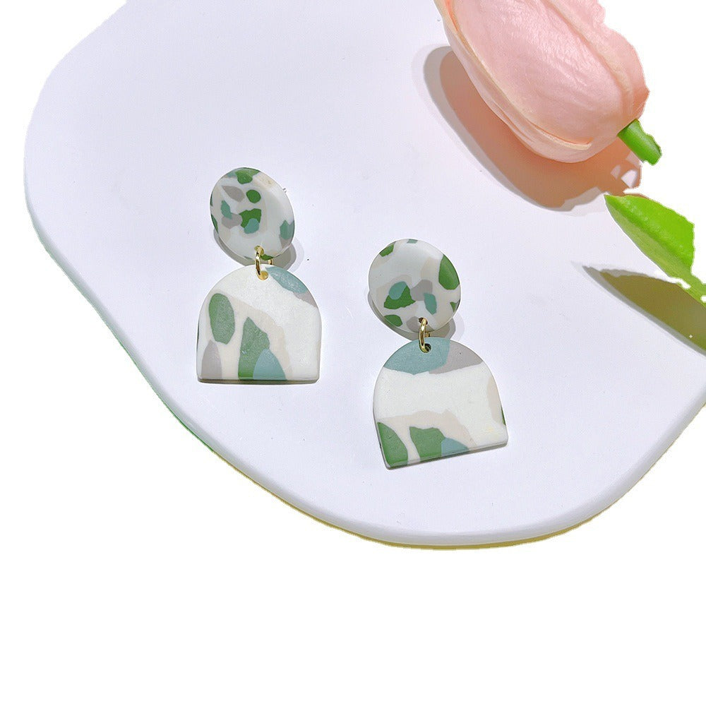 Soft Pottery Spot Pattern Autumn and Winter Matcha Green Women's Earrings Fashion Geometric Irregular Trend Earrings