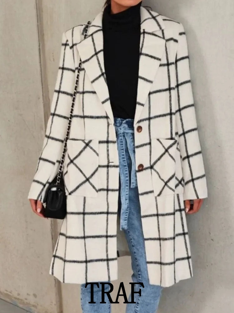 Woman Woolen Lattice Long Coat Fashion Single Breasted Turn Down Collar Coat Causal Long Sleeve Female Overcoat