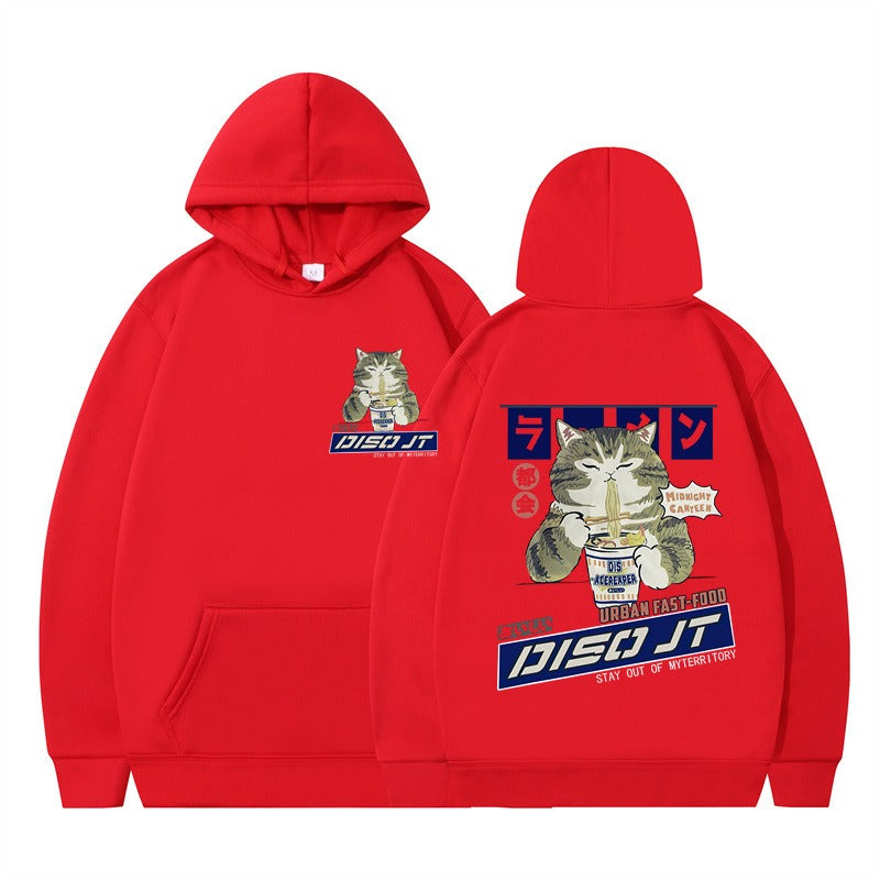 Autumn and Winter Cat Eating Noodle Anime Hoodie