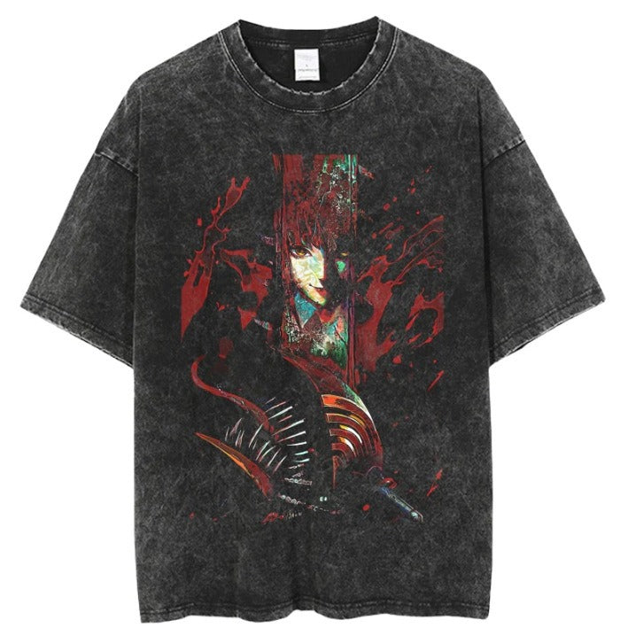 Anime cartoon wash and distressed men's short sleeved short T