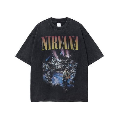 Retro washed and distressed band printed T-shirt for men and women couple Oversize short sleeved