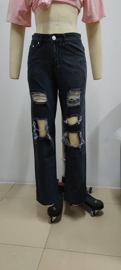 Sexy Summer Ripped Jeans Woman High Waist Holes Destroyed Broken Wide Pants Vintage Female Denim Trousers Distressed Designer
