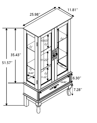Curio cabinet lighting glass cabinet with adjustable glass frame, 2 doors and 1 drawer with light bulb, dark cherry color