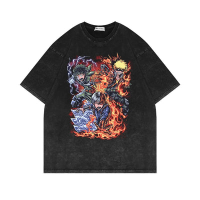 Anime cartoon wash and distressed men's short sleeved short T