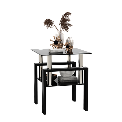 1-Piece Modern Tempered Glass Tea Table Coffee Table End Table, Square Table for Living Room, Black