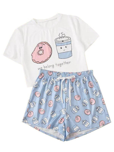 Cute Cartoon Pajamas Set for Woman Femme Sleepwear Summer O-neck Avocado Homewear Short Sleeve Two-Piece Lounge Pajama Sets