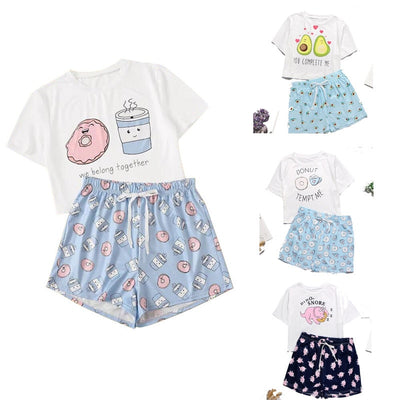 Cute Cartoon Pajamas Set for Woman Femme Sleepwear Summer O-neck Avocado Homewear Short Sleeve Two-Piece Lounge Pajama Sets