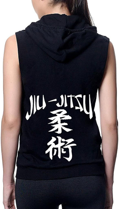 Junior'S Japanese Jiu Jitsu Black Sleeveless Fleece Zipper Hoodie