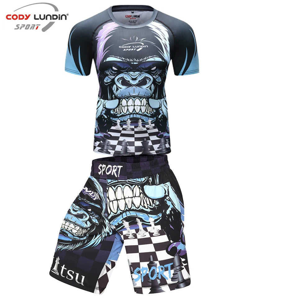 MMA T-Shirts + Muay Thai Shorts Sets Bjj Rashguard for Men Mma Shorts Kickboxing Boxing Clothes Compression Jiu Jitsu Gi T-Shirt