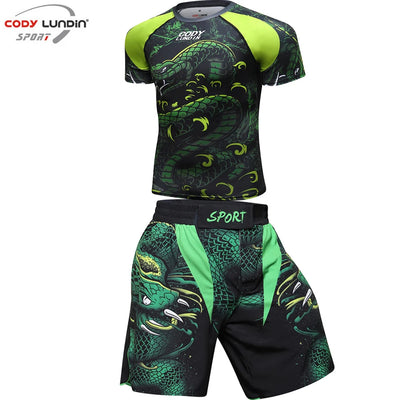 MMA T-Shirts + Muay Thai Shorts Sets Bjj Rashguard for Men Mma Shorts Kickboxing Boxing Clothes Compression Jiu Jitsu Gi T-Shirt